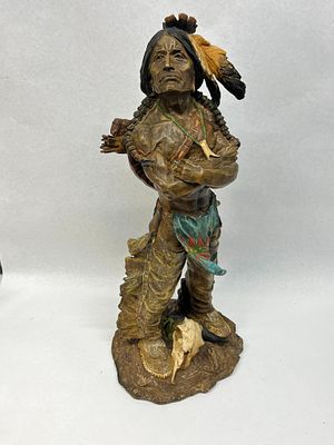 Native American Warrior w/ Bison Skull. This contemporary figurative sculpture, crafted from a 