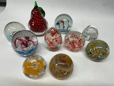 Eleven Art Glass Paperweights & Fruit. This collection consists of eleven pieces of decorative 