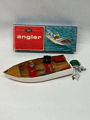 Ideal Model Supply Angler Boat & Motor. A 1955 built wooden model power boat kit, titled Angler 