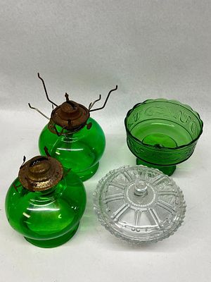 E.O. Brody Emerald Glassware & Bowl. An assortment of mid-century American glass items featuring 