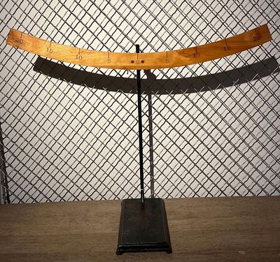 Scientific Lab Scale w/ Iron Stand. This laboratory apparatus features a curved hardwood scale 