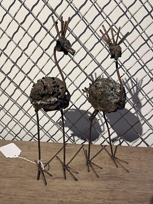 Pair Welded Scrap Metal Bird Sculptures. A pair of welded scrap metal sculptures of stylized 