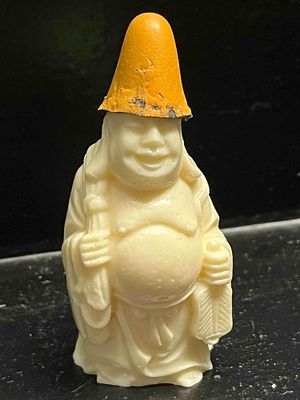Chinese Resin Hotei Figurine w/ Hat. A miniature standing figurine of Hotei, the Laughing Buddha 
