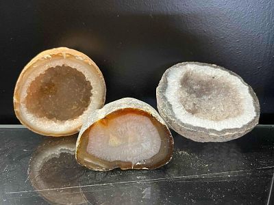 Trio of Agate & Quartz Mineral Geodes. A trio of natural mineral specimens consisting of two 