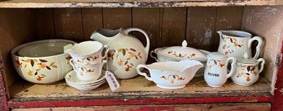 Hall China Autumn Leaf Jewel Tea Set. This assortment of semi-vitreous ceramic tableware is 