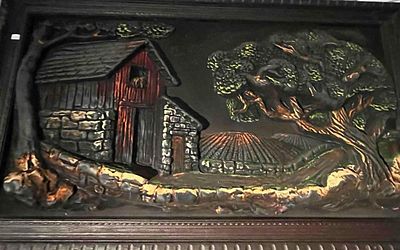 Americana Rural Scene Polychrome Relief. This cast composite high-relief wall sculpture depicts 
