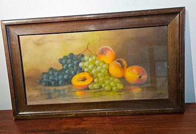 American School Pastel Fruit Still Life. This horizontal still life composition is rendered in 