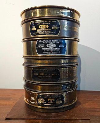 W.S. Tyler Brass Testing Sieves & Pan. A set of six industrial scientific testing sieves and one 
