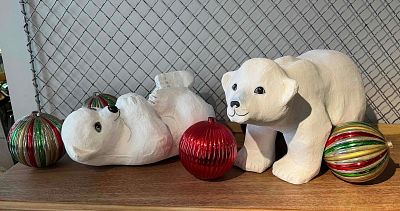 Polar Bear Figurines & Glass Ornaments. This lot features two large-scale polar bear cub 