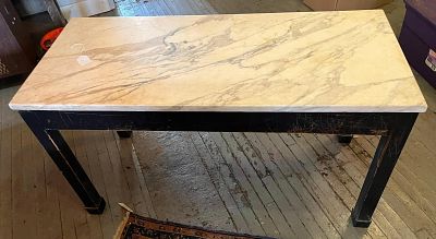Institutional Work Table w/ Marble Top. A rectangular work or console table featuring a thick 