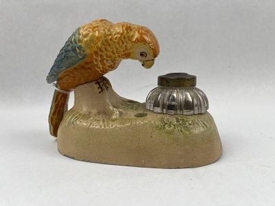 Cold Painted Metal Parrot Desk Inkwell. This antique desk accessory consists of a cast metal 