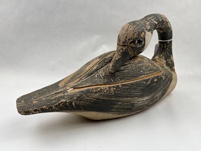 Preening Hollow-Body Canada Goose Decoy. A carved wood Canada goose decoy depicted in a preening 