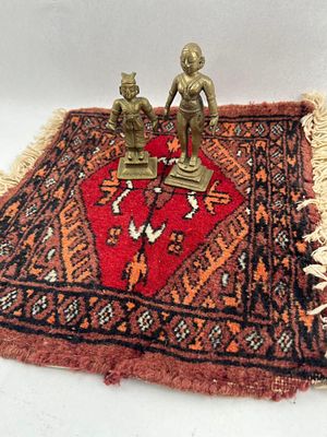 Pair Indian Brass Figurines & Rug. This lot consists of two cast brass figurines and a small 