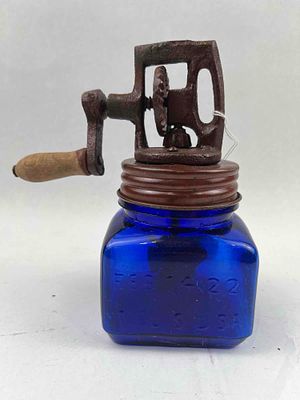 Dazey No. 2 Cobalt Glass Butter Churn. This is a small-scale hand-cranked butter churn featuring 