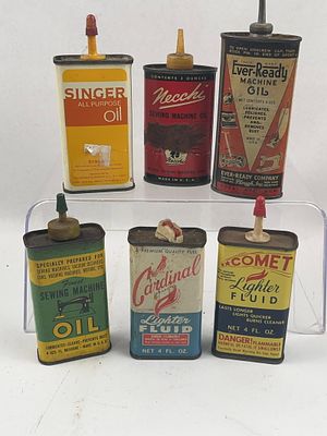 7 Vtg Singer/Necchi/Ever-Ready Oil Tins. This collection of seven American-made vintage 