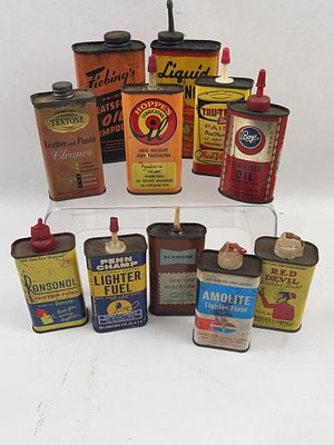 Set 11 Vtg Tin Oil & Lighter Fluid Cans. A group of eleven mid-20th-century lithographed tin 