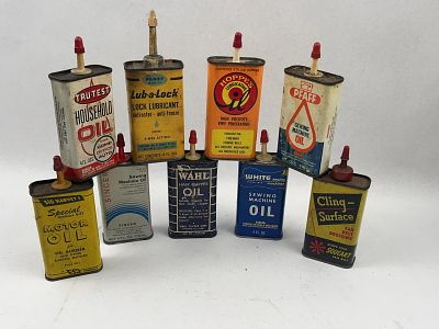9 Vtg Lithographed Tin Lubricant & Oils. A collection of nine vintage lithographed tin lubricant 