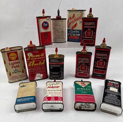 Vtg Household Oil & Lighter Fluid Tins. A collection of thirteen vintage lithographed tin 