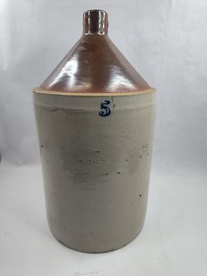 American 5-Gal. Stoneware Jug. An American stoneware whiskey jug of beehive-top form, likely 