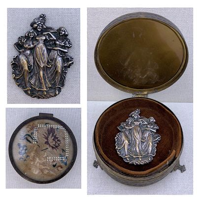 Antique 800 Silver Repousse Figural Brooch in Victorian Silk Velvet Lined Needlework Jewel Casket. .