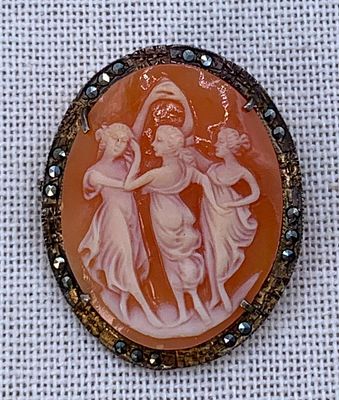 Vintage 900 Silver Hand Carved Three Grace's Cameo and Glittering Marcasite Brooch/Pendant. 900 