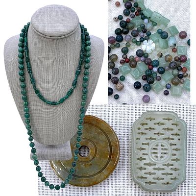 343 pc Jade and Aventurine Necklaces, Amulets and Loose Polished Gemstone Collection. 154 loose 