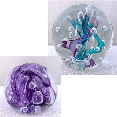 2 Fantastic Vintage Studio Art Glass Crystal Paperweights: Lonsway, Robert Hamon Signed. * Large 