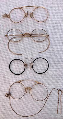 4 pc Antique Pince Nez Eyeglass Frames and Oval Spectacle Collection. Trio of pince nez frames 