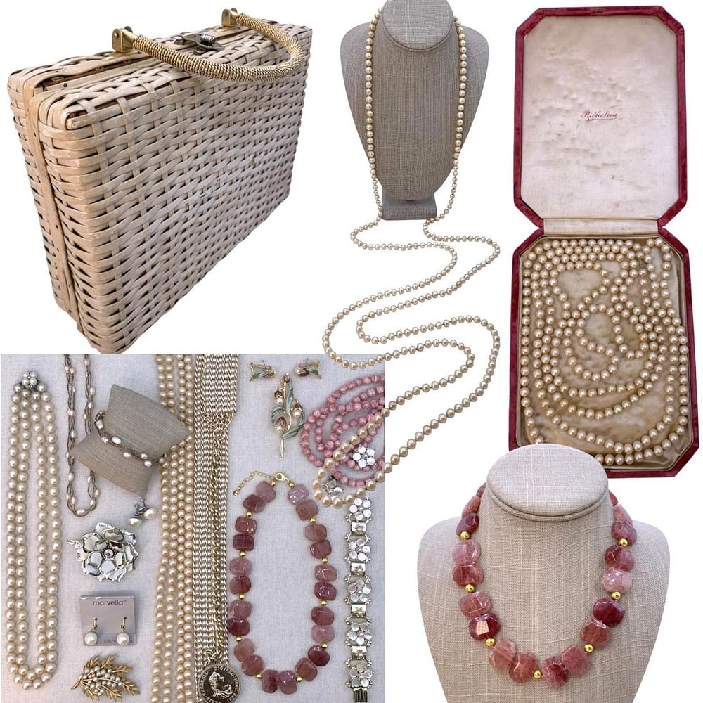 Lot 151: 22 pc Vintage Freshwater Pearl, Richelieu, Mother of Pearl Jewelry and Woven Hong Kong Purse