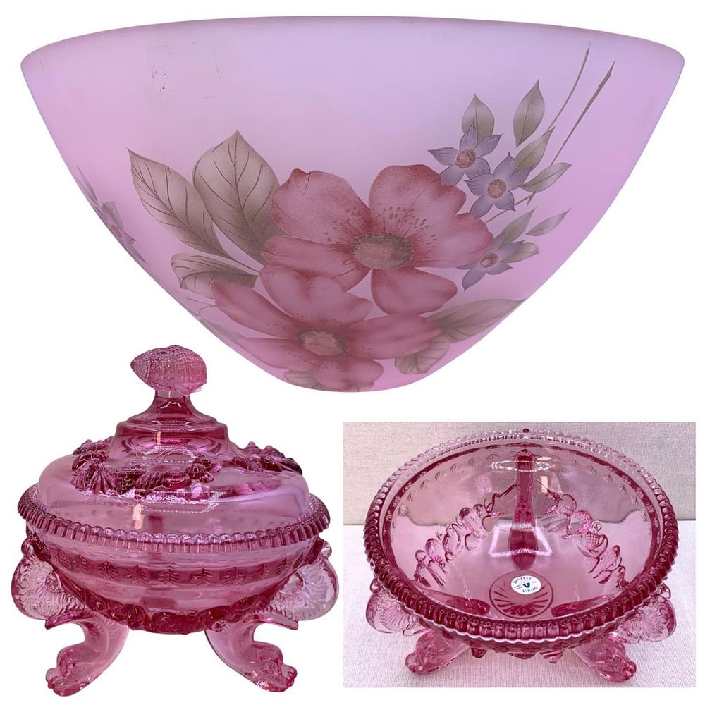 Lot 153: 2 pc Viking Glass Rose Pink Sea Serpent Argonaut Shell Lidded Dish and Large Satin Dogwood Bowl