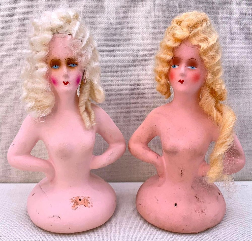 Lot 158: Pair Antique German c1920s Strawberry and Platinum Blonde Boudoir Papier Mache Half Dolls