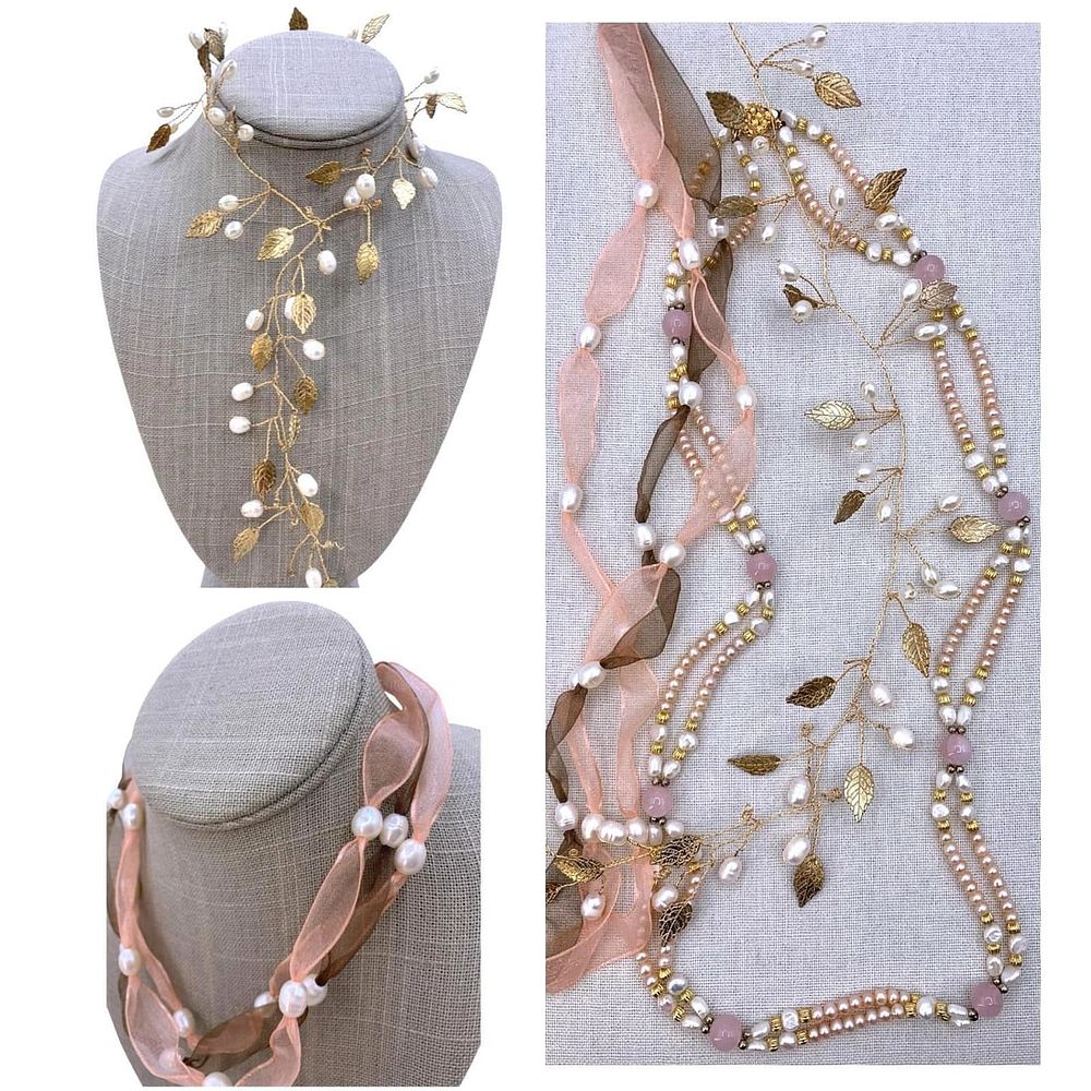 Lot 159: 3 Blushing Apricot and Cream Freshwater Pearl, Rose Pink Quartz, Necklaces