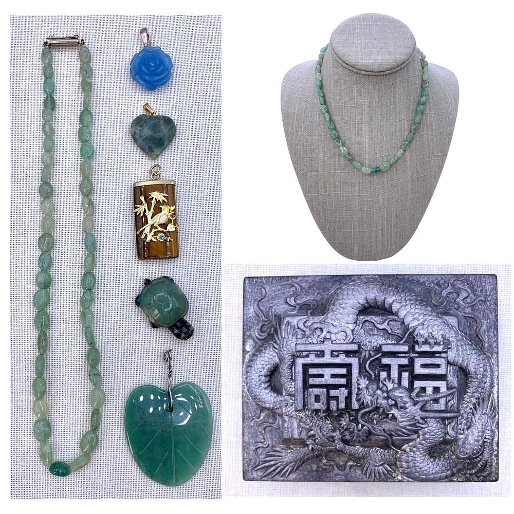 Lot 163: Vintage Blue and Green Jade, Amazonite, Tigers Eye Jewelry in Japanese Dragon Cigarette Box
