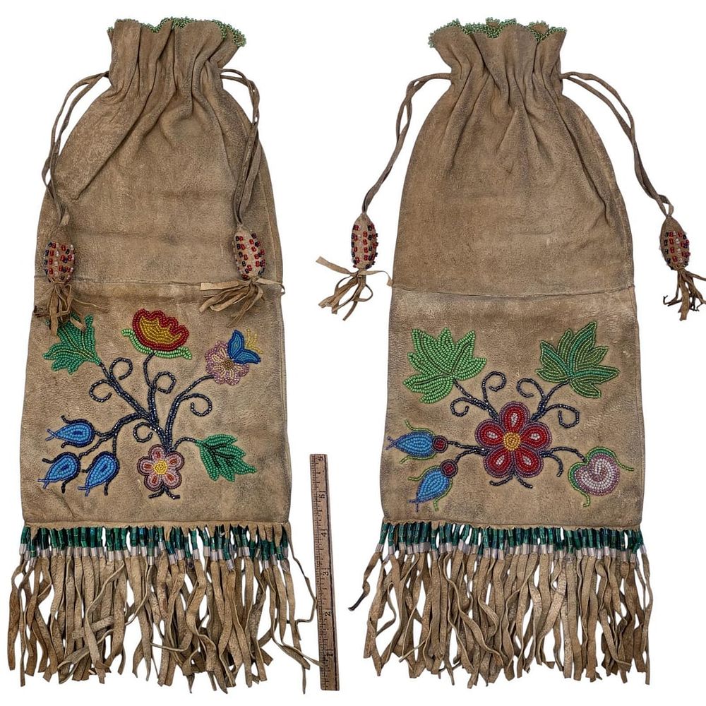 Lot 164: 19th Century Native American Plains Indian Fringed Buckskin Floral Seed Bead Trimmed Tobacco Bag
