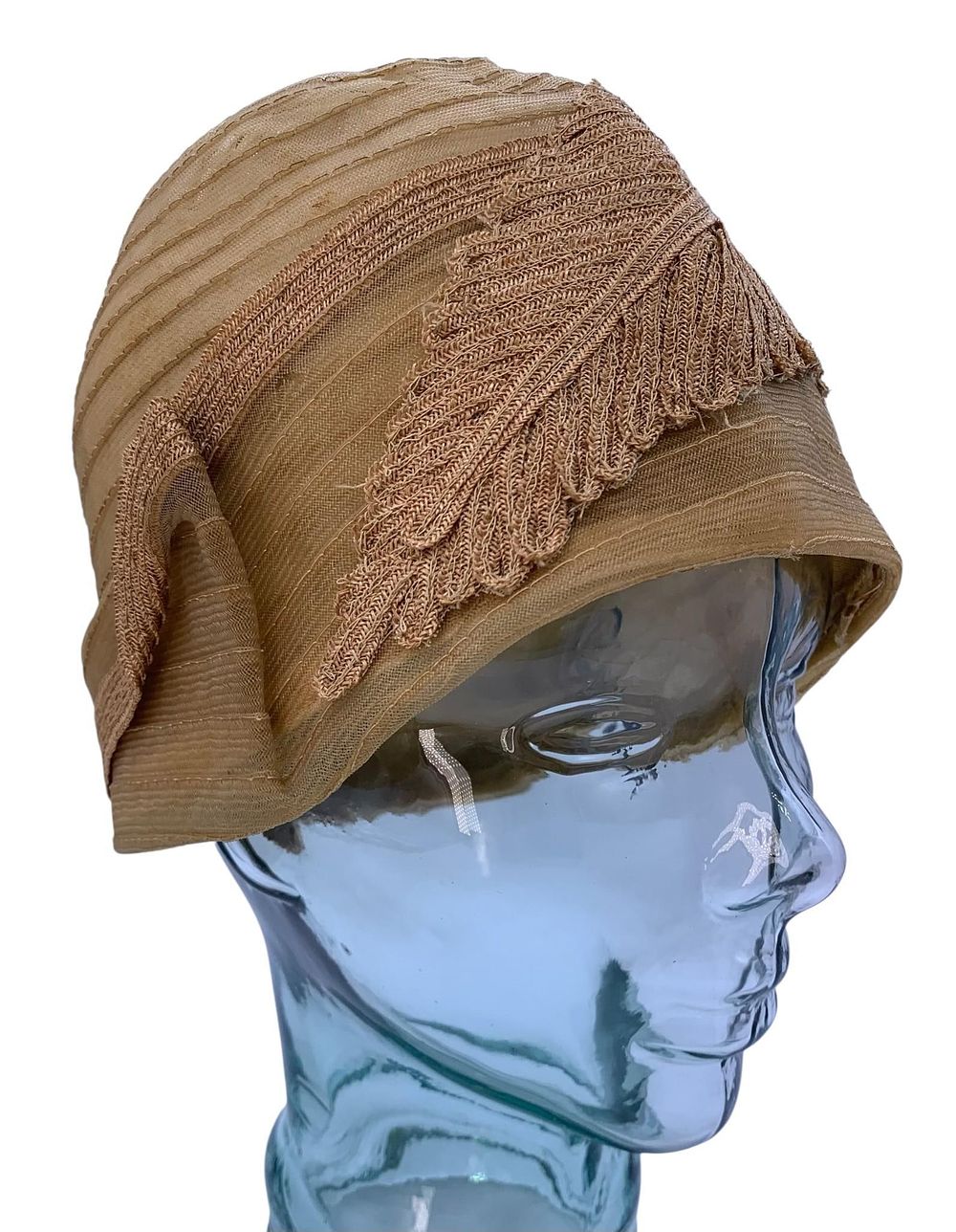 Lot 167: 1920's Flapper era Woven Nutmeg Horsehair Leaf Detailed Cloche, Newport Hat Millinery Label