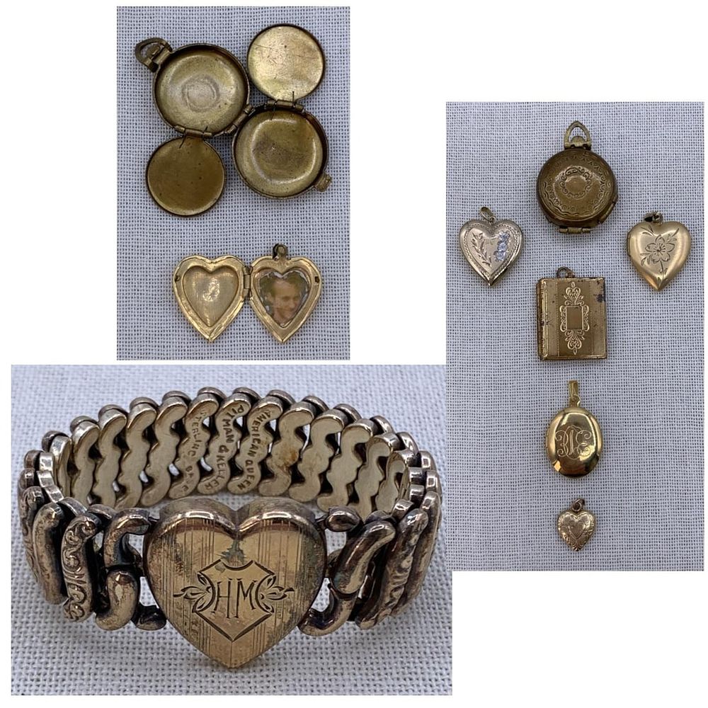 Lot 168: 7 pc Vintage Sterling American Queen Sweetheart Bracelet and Locket Collection in Gilded Wood Box