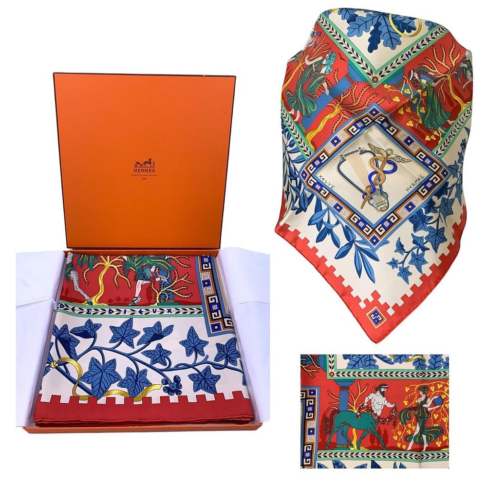 Lot 169: Unworn HERMES French Music of the Gods Greek Mythology Oversize Silk Scarf with Hermes Lidded Box