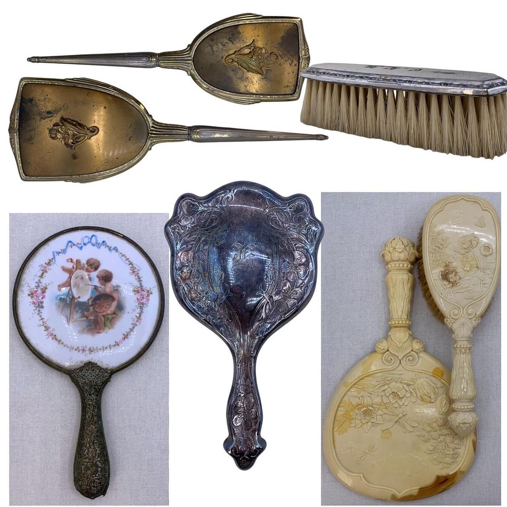 Lot 170: 7 Antique to Vintage Looking Glass 800 Silver, Celluloid, Hand Mirrors, Hair and Garment Brushes