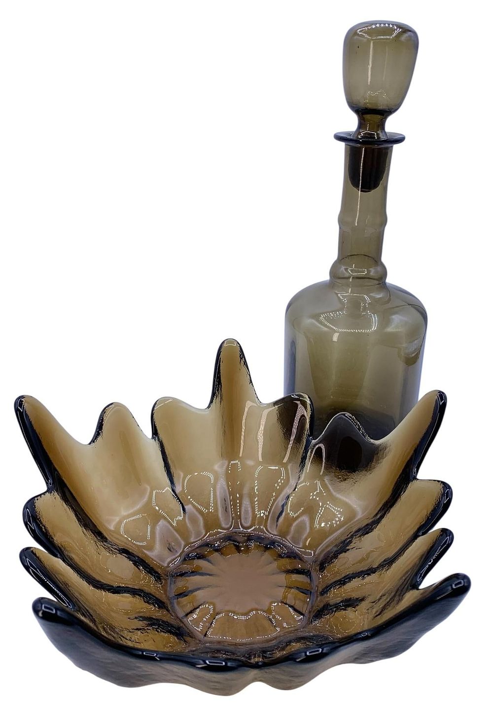 Lot 172: 2 pc Mid Century Smokey Quartz Glass Liquor Decanter and Viking Lotus Bowl