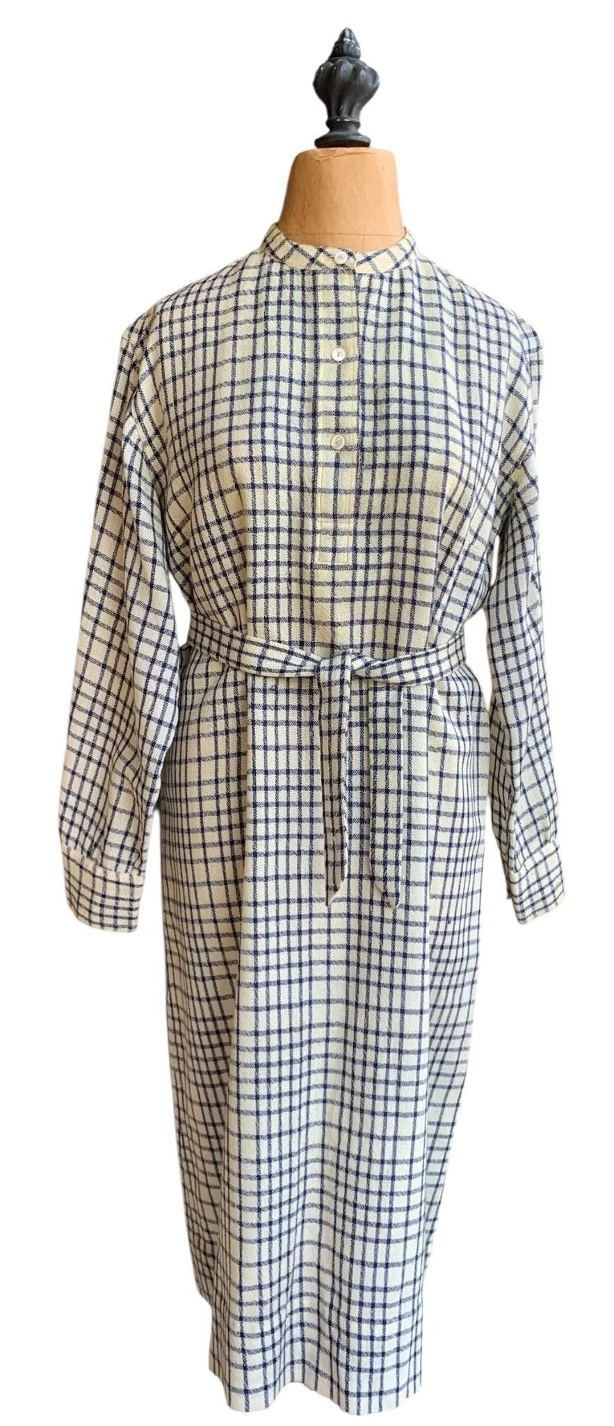 Lot 178: Donald Davies of Dublin Mid Century Navy and Cream Plaid Wool Belted Long Sleeve Tunic Dress