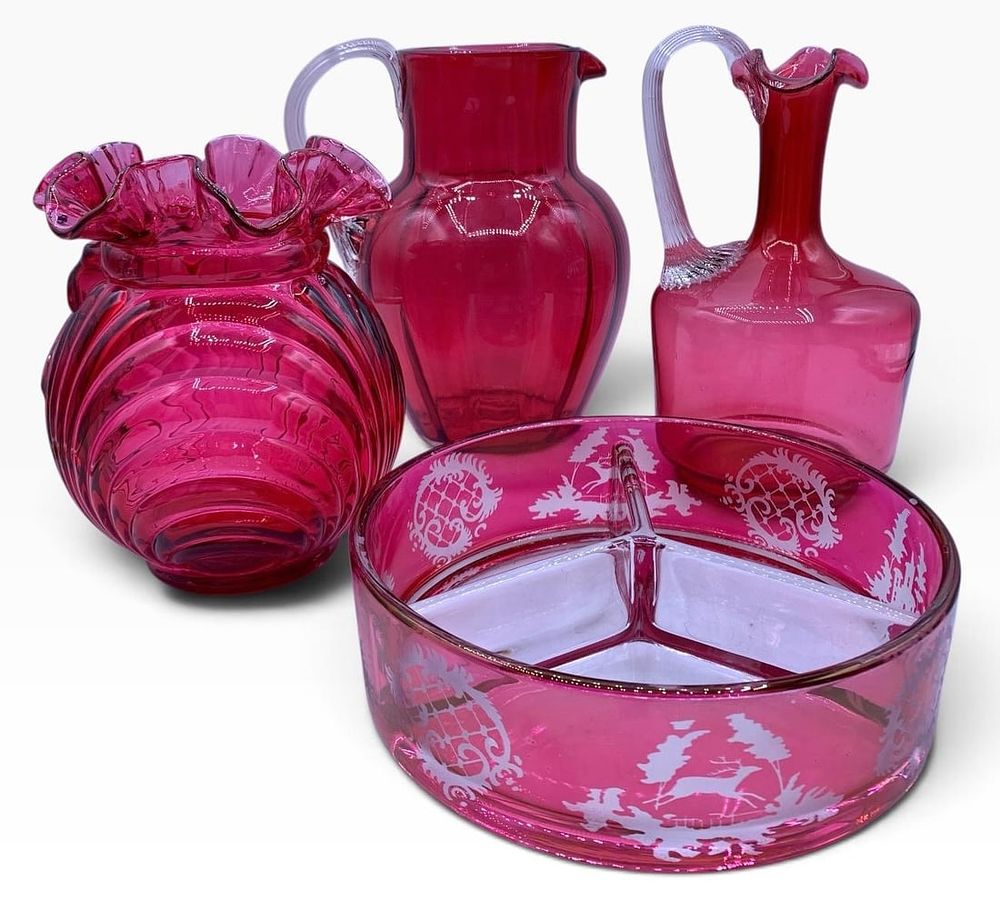 Lot 182: 4 pc Vintage Cranberry Art Glass Collection: Vase, Pitcher, Claret Jug, Stag Divided Serving Dish