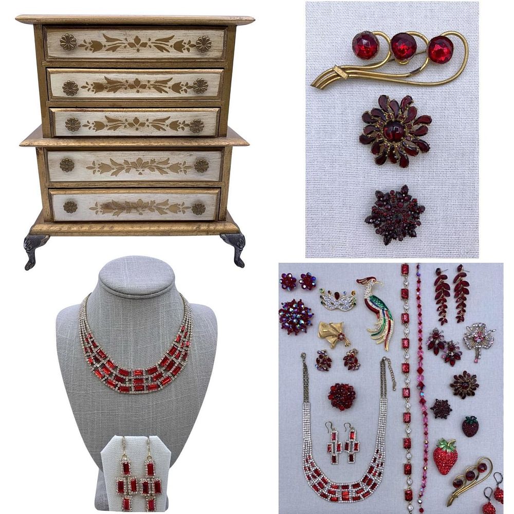 Lot 183: 26 pc Vintage Ruby Red Jewelry Collection in Petite 5 Drawer Mid Century Jewel Cabinet