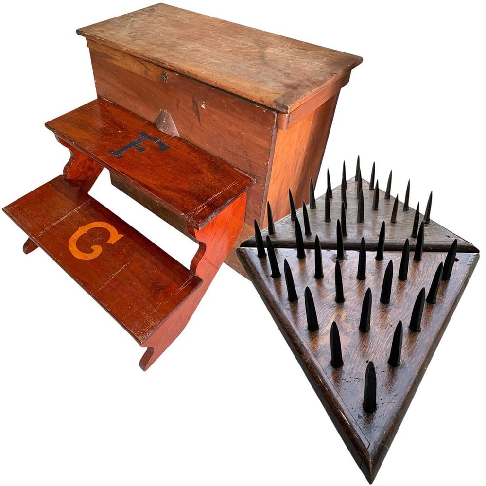 Lot 184: Antique Knights of Pythias Initiation Spikes of Steel Psychological Ritual Box, Steps and Spikes