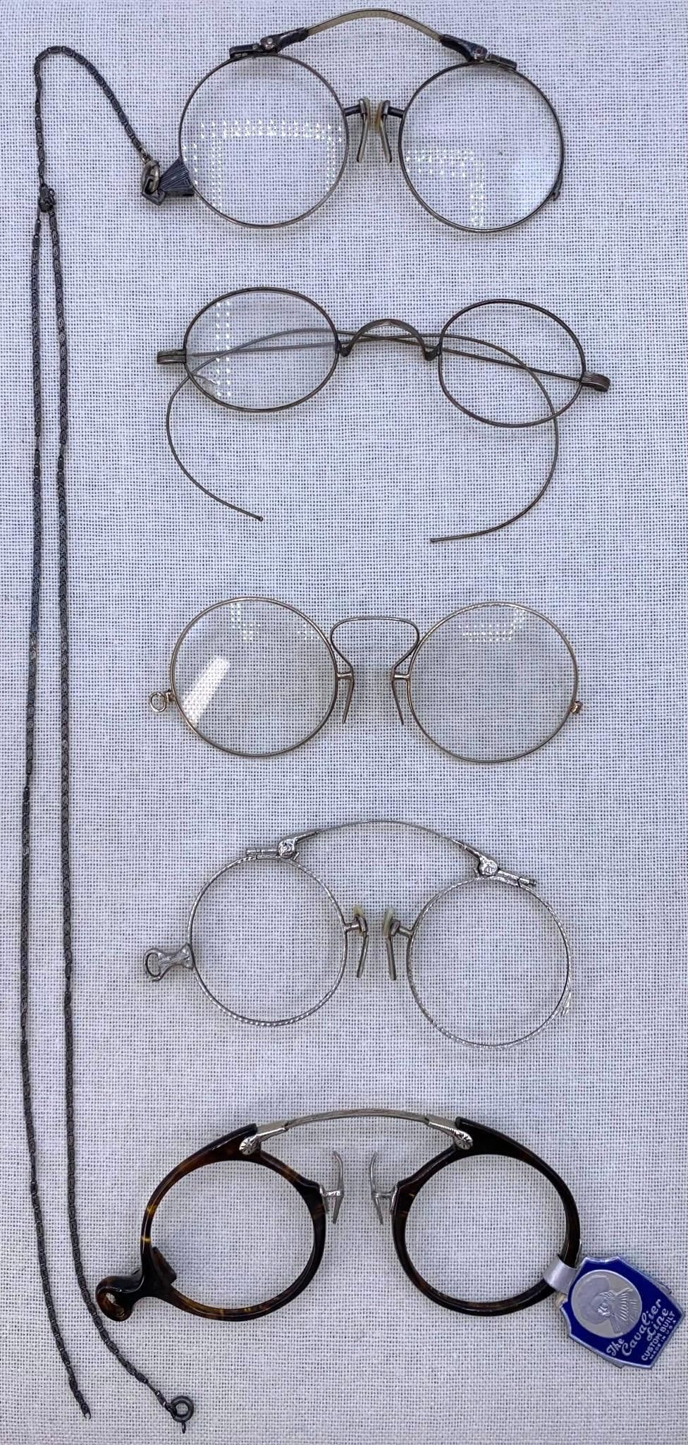 Lot 185: 5 Antique to Vintage Pince Nez, Spectacle, Eyeglass Collection