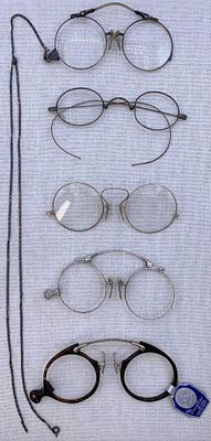 5 Antique to Vintage Pince Nez, Spectacle, Eyeglass Collection. Two pairs of early embossed 