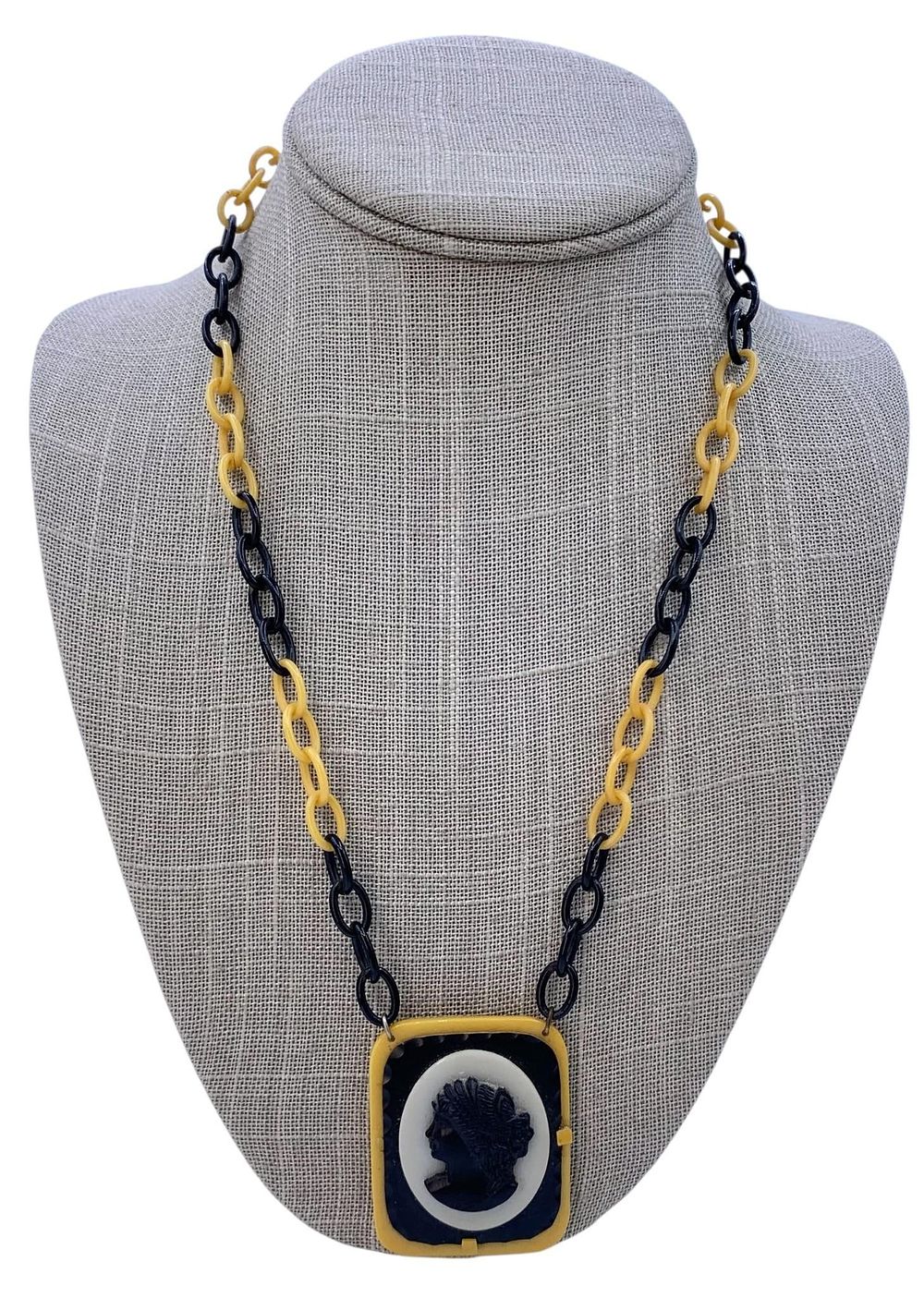 Lot 186: Vintage Art Deco Black and Butterscotch Celluloid Cameo Necklace
