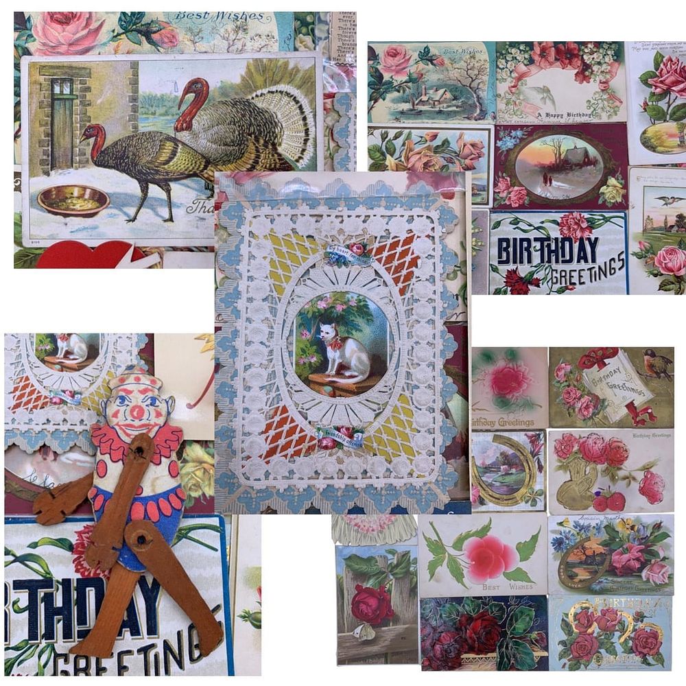 Lot 187: 28 pc Antique to Vintage Holiday, Special Occasion Postcards, Ephemera, Comical Clown Toy