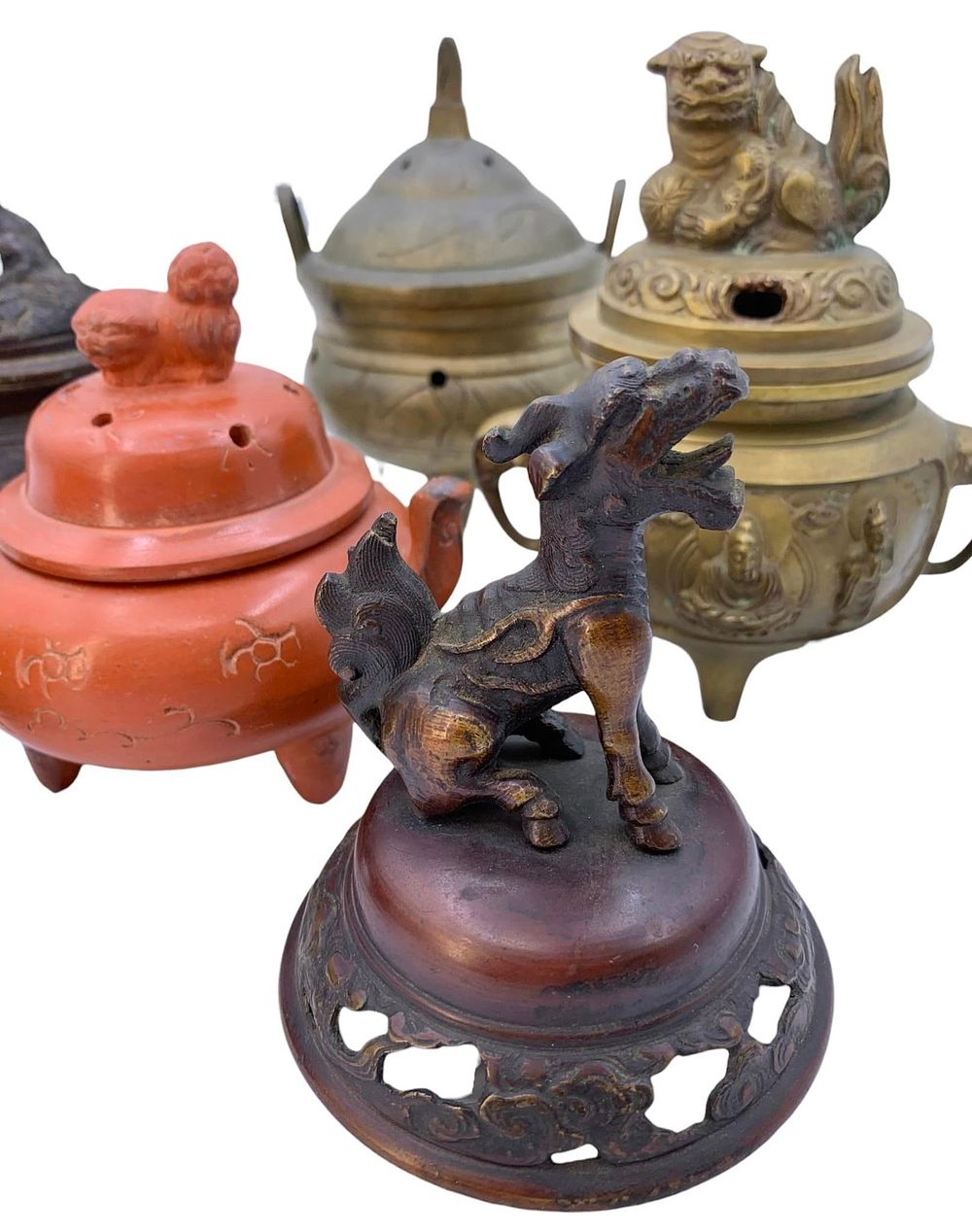 Lot 189: 6 Vintage Brass and Red Clay Oriental Altar Incense Burners
