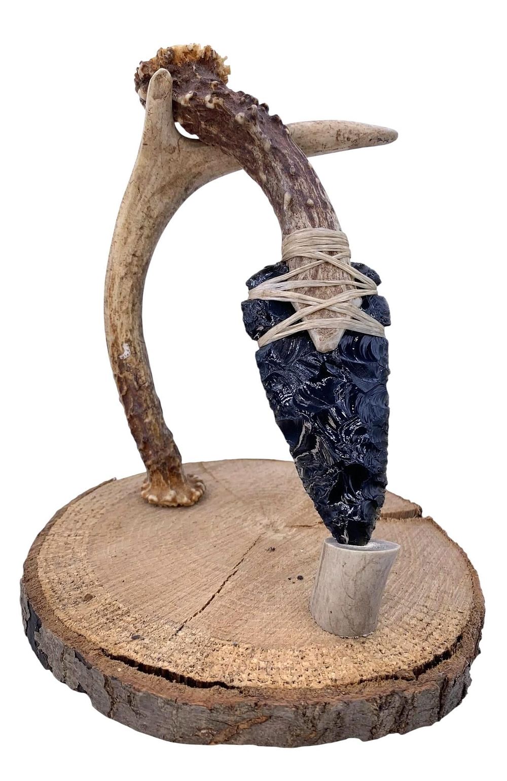 Lot 190: Custom Made American Frontier Deer Antler Knapped Obsidian Blade Skinning Knife with Antler Stand