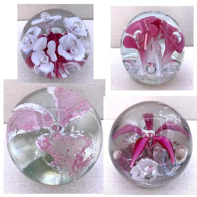 4 Candy Pink Vintage Studio Art Glass Paperweights: Gibson. * Large 3 3/4" suspended bloom 